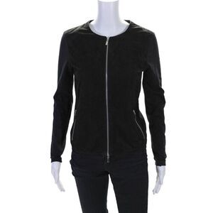 Gimos Women's Long Sleeves Full Zip Pockets Suede Jacket Black Size 40